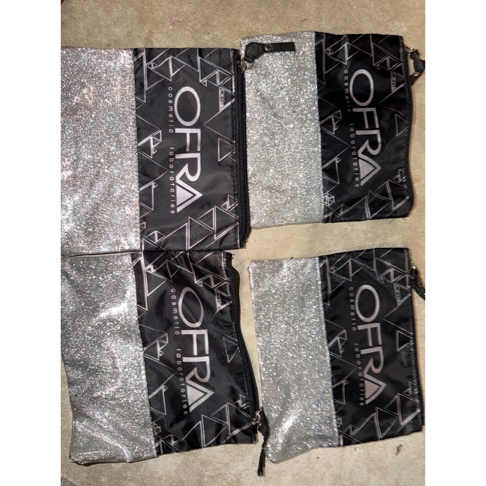 Ofra Cosmetics Silver Glitter Black Geometric Makeup Bag Set of 4 Travel Pouches